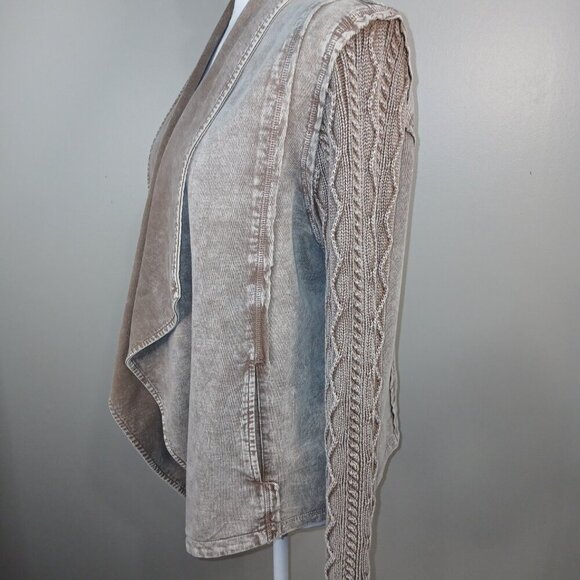 DISTRESSED DRAPE STYLE JACKET, MUSHROOM COLOR, SWEATER SLEEVES, SIZE LARGE - Picture 4 of 6